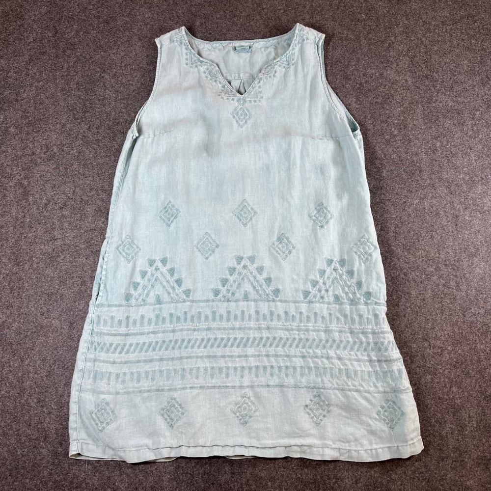 Artisan NY Women Blue 100% Linen Embroidered Sleeveless Shift Dress Sz L Pocket